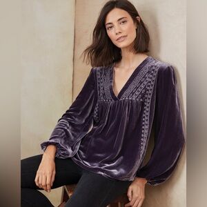 Garnet Hill Embroidered-Yoke Velvet Blouse Size 8